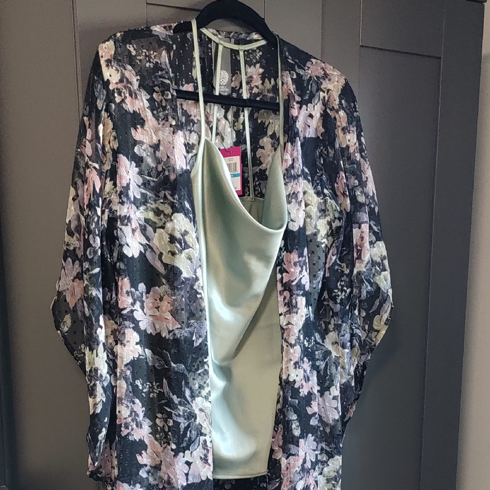 Sheer Floral Kimono Cover-Up with Pale Mint Camisole